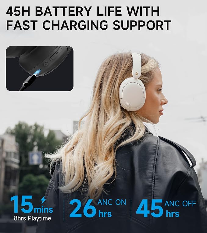 Edifier W800BT Pro Hybrid Active Noise Cancelling Over Ear Headphone, Ivory | Bluetooth 5.4, Hi-Res Audio, AI Call Noise Cancellation, 45H Playtime, Fast Charging, Foldable, Wireless Over-Ear Headphones - Image 7