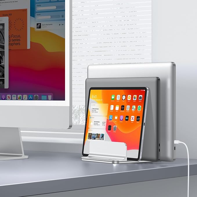 OMOTON 3-Slot Multiple Vertical Laptop Stand, Fits MacBook, Bright Silver | Adjustable Width 0-1.38", Aluminum Office Space-Saving for Desk, Fits MacBook/Book/iPad Up to 17.3in - Image 8
