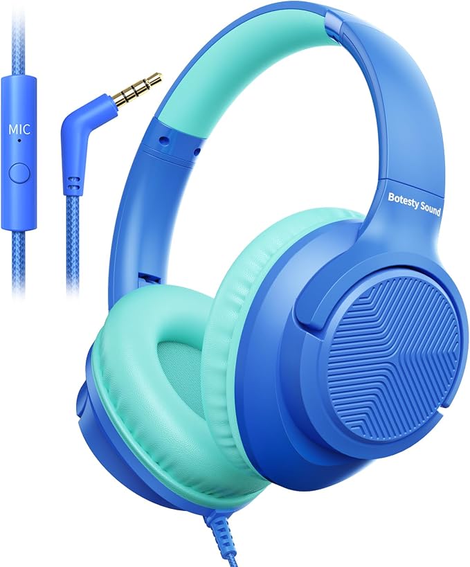 Botesty Sound Wired Headphones with Microphone, Over Ear 3.5mm Plug in Headphones with 4.9ft Tangle-Free Nylon Cord for Tablet, Laptop, MP3/4, School, Airplane Travel (Blue) by BotestySound