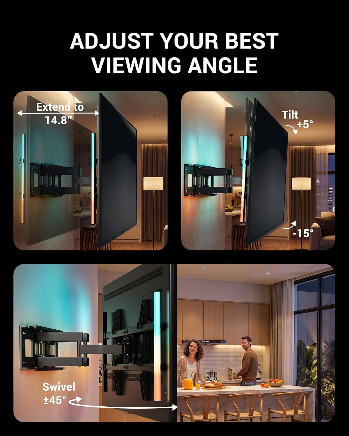 Pipishell Full Motion TV Wall Mount with LED Lights for Most 37–84 Inch TVs - Image 7