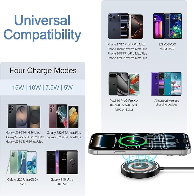 Samsung S26 Ultra Wireless Charger Fast Charging Pad Magnetic Charger for Samsung Galaxy S26 Plus/S25 Ultra/S24/S23/S22/2Pack 15W Fast Magsafe Charger Pad with USB A Adapter for iPhone 17 Pro/16/15/14 - Image 6