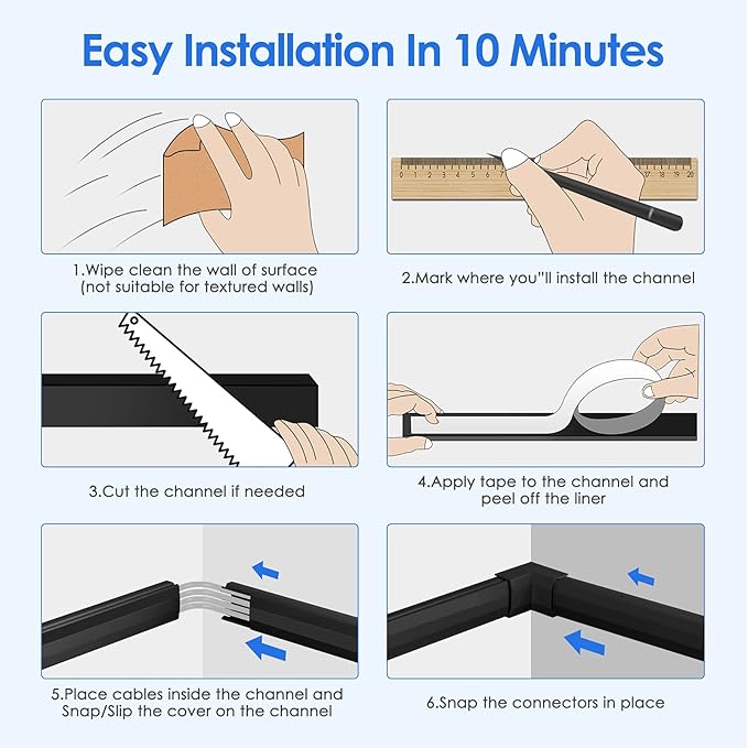 Yecaye TV Cord Hider, 125in Cord Cover, W1.18in H0.6in, Black | Large Cable Hider, Wire Covers for 4 Cords, Cable Raceway Wire Hiders for TV on Wall, Cable Cover Cord Concealer - Image 6