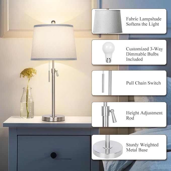 JUNNAI Table Lamps Set of 2, Bedside Lamp Silver Tall Table Lamps for Living Room End Tables, 22" to 30" Adjustable Height Lamp for Bedroom Nightstand Farmhouse with Pull Chain(Bulbs Included) - Image 5
