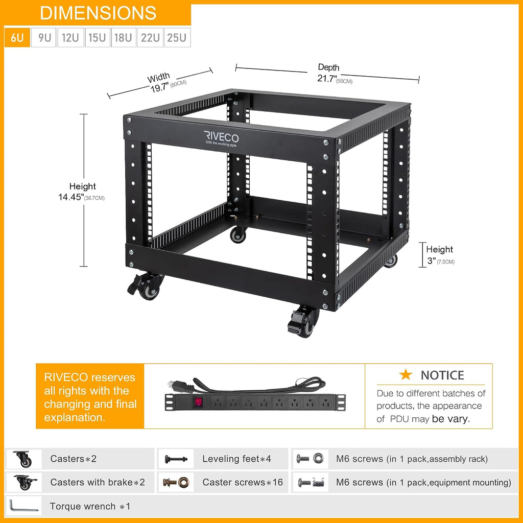 6U Server Rack with Wheels Open Frame Networking Rack+ PDU 8 Outlets Set Black - Image 2