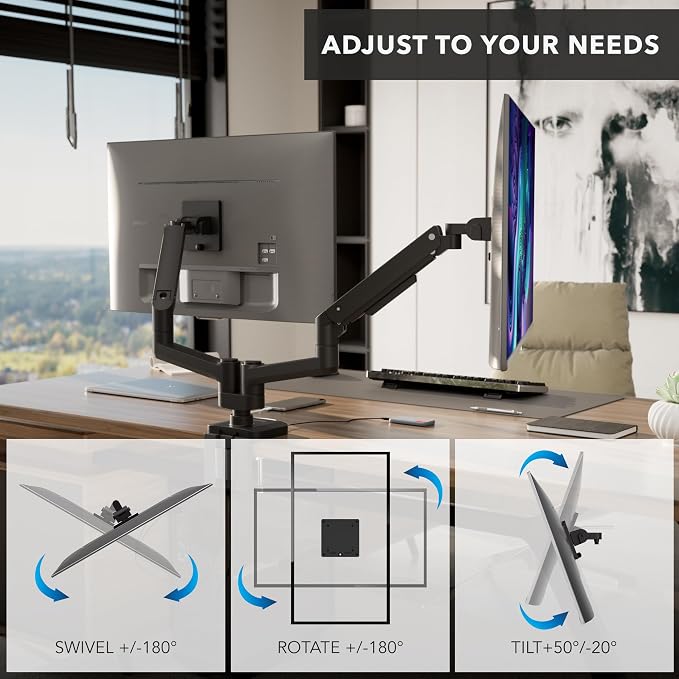 Mount-It! Proflex Series Heavy-Duty Dual Monitor Arm for 17–35” Screens, Gas Spring, Full Motion, USB-C & USB 3.0 Ports, VESA 75/100, Fits Ultrawide & Curved Displays, Clamp or Grommet Base | Gas spring full motion arms with USB-C & USB 3.0 ports, VESA... - Image 5