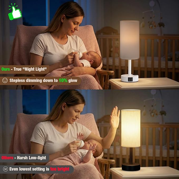 White Touch Bedside Lamp for Bedroom, Stepless Dimmable, USB A+C, AC Outlet | Base Touch Button Only, Memory Brightness, Ultra-dim Night Light, Included Bulb for Optimal Dimming, White Lamp Base, Nursery - Image 6