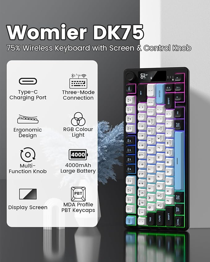 DK75 75% Wireless Gaming Keyboard, RGB Backlit Creamy Keyboard with Media Knob, OLED Screen, Tri-Mode 2.4GHz/USB-C/BT5.0, Anti-Ghosting No-Conflict Silent Membrane Keyboard for MAC Windows - Image 2