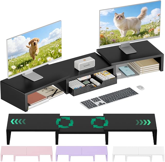 Dual Computer Monitor Stand Riser, Desk Organizer with Drawer, Office Desk Accessories & Workspace Organizers for Home Office Supplies, Black by OPNICE