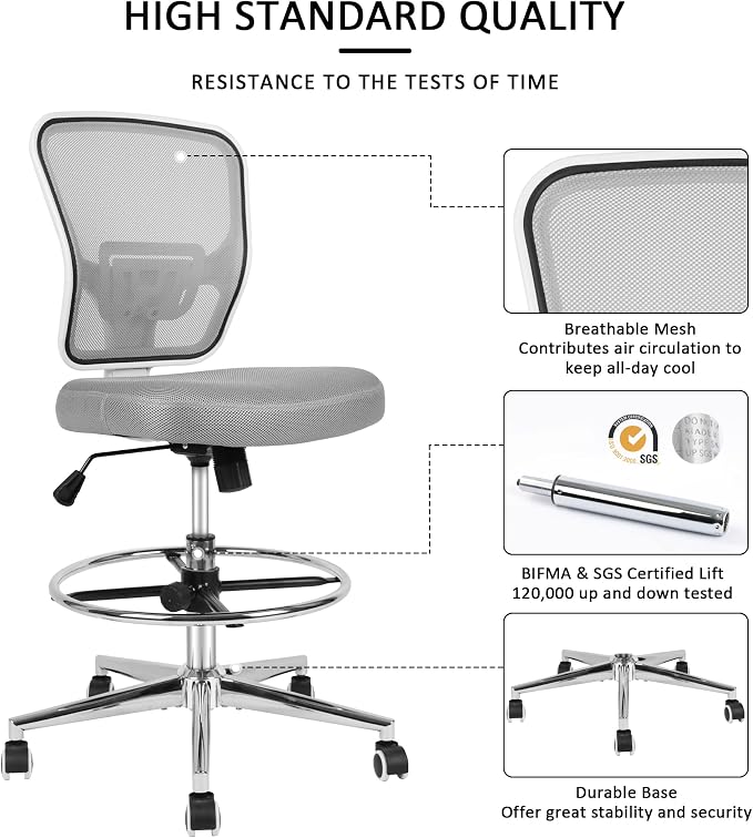 Drafting Chair, Tall Office Chair for Standing Desk, Drafting Stool with Lumbar Support, Adjustable Height and Foot Ring, Grey - Image 7