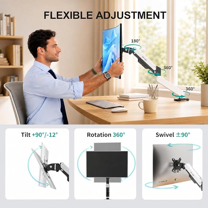 MT-VIKI Single Monitor Arm for 17"-32" Monitors, Gas Spring Adjustable Desk Mount, Quick Release VESA Plate, Full Motion with Cable Management, Clamp & Grommet Base, Supports 4.4–19.8 lbs, White - Image 4