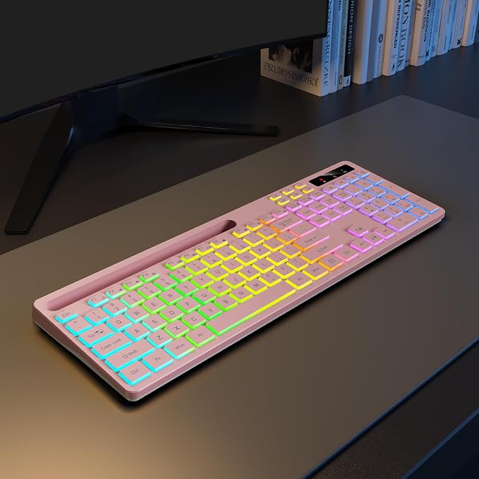 Soueto Wireless Keyboard with 7-Color RGB Backlit, Full-Size Computer Keyboard with Phone Tablet Holder, 2.4G Rechargeable Gaming Keyboard with Light Up Keys, Compatible with Mac, Windows (Pink) - Image 9
