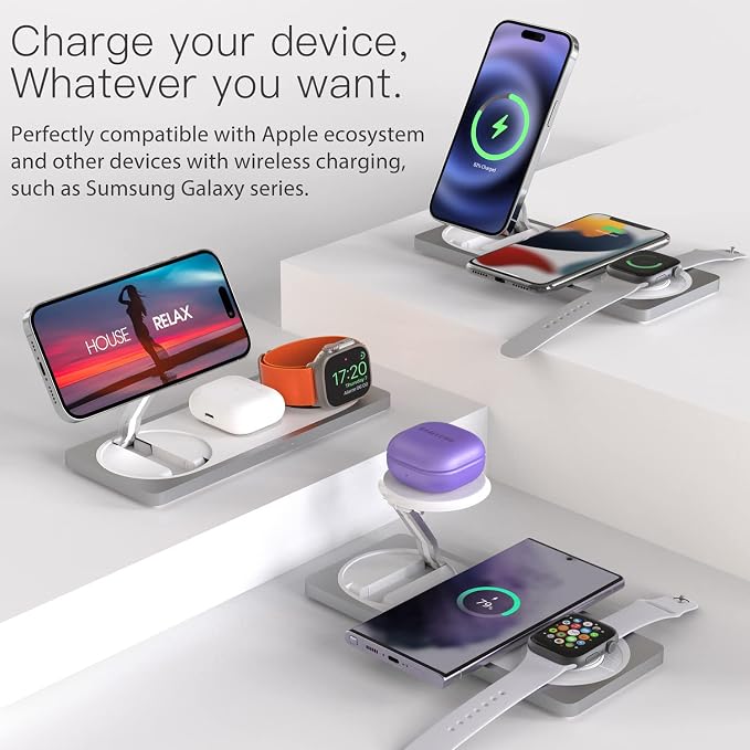 3 in 1 Wireless Charging Station for Apple Devices with MagSafe | For iPhone 17/Air/16/15/14/13/12, AirPods & Apple Watch, Foldable Portable Aluminum Charging Stand, Adapter Included - Image 5