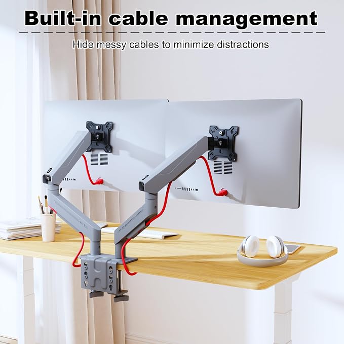 THEARK Dual Monitor Stand for Desk - Dual Monitor Mount for 17-32 Inch Screens,Height Adjustable Dual Monitor Arm Desk Mount with Clamp and Grommet Base,75x75/100x100mm VESA Mount,Max 19.8 lbs,Silver - Image 4