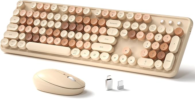 Links9+ Colorful Wireless Keyboard and Mouse Combo (Milky Tea Colorful) | Full-Size Retro Typewriter Style Keyboard with Vintage Round Keycaps, 2.4G Wireless Set for Windows, Mac, Laptop, PC, Desktop by LINKS9