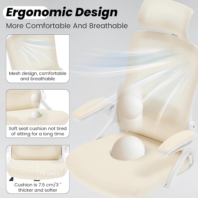 Fizzin Office Chair Mesh Computer Chairs with Adjustable Lumbar Support | Ergonomic Office Chair, Home Office Desk Chairs with Thickened Cushion and Headrest, Comfy Gaming Chair (Buff Beige) - Image 6