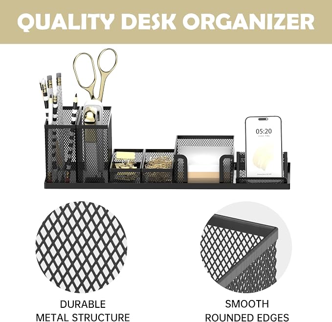 Pen Holder for Desk, 6-Piece Mesh Desk Organizer with Phone Holder, Black | 6-Piece Black Mesh Desk Set Includes Pen Cups, a Sticky Note Caddy and Phone Holder for Office, School, Home - Image 4