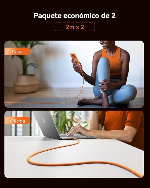 INIU 240W USB C to USB C Cable, [6.6ft+6.6ft] Fast Charging Type C, Orange | Nylon Braided, Fast Charging, LED Indicator, USB-C Data Transfer, for iPhone 17 16 Pro, MacBook Pro, iPad, Samsung S26 etc - Image 8