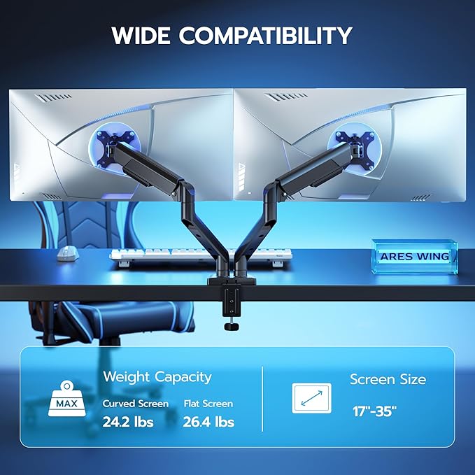 ARES WING Dual Monitor Mount for 17-35 inch Monitors, Black | Heavy Duty Monitor Arms for 2 Monitors, Fully Adjustable Monitor Desk Stand for Ultrawide Screen, VESA 75x75 or 100x100mm - Image 5