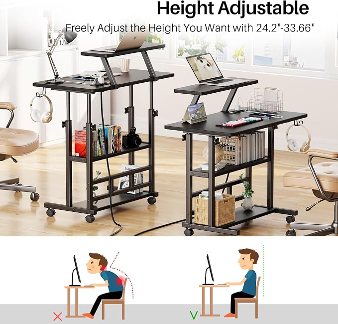 Adjustable Height Standing Desk with Power Outlets, Rolling Stand Up Desk with Monitor Stand and Storage Shelves, 31.5" Small Mobile Computer Desk, Portable Laptop Table (Black with Monitor Stand) - Image 3