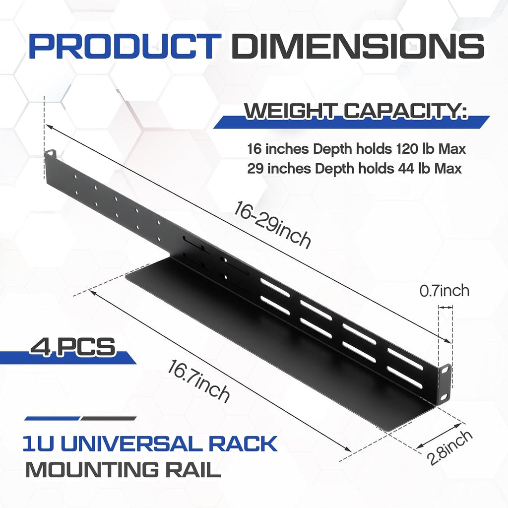 2 Set 1U Rack Mount Rails Universal 4 Post Server Rack Rail Shelf 16-29 Inch Adjustable Depth 120-44 lb Capacity for 1U Server Shelf Computer Cabinets Network Equipment IT Accessories - Image 2