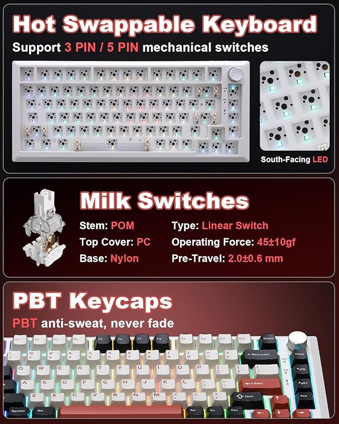 Y75 Wireless Mechanical Keyboard,75% Hot Swappable Custom Keyboard with Knob,RGB Backlit, PBT Keycaps,2.4GHz/USB-C/BT5.0 Mechanical Gaming Keyboards(White&Red,Milk Switch) - Image 6
