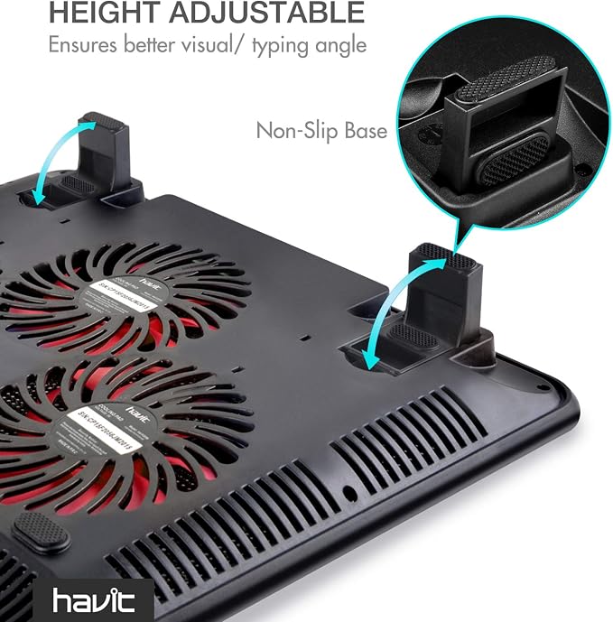 havit HV-F2056 Laptop Cooling Pad for 15.6-17 Inch Laptops, Black | Three quiet USB-powered fans circulate air below the laptop, two height settings improve viewing and typing comfort - Image 5