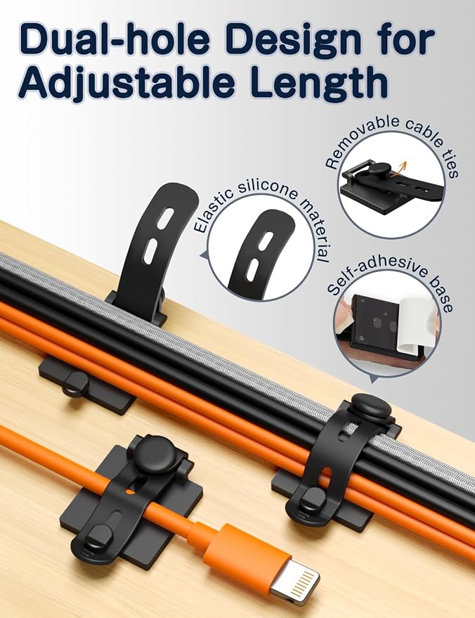 Viaky Adjustable Cable Management Under Desk,10-Pack,Adhesive Cable Clips | 10 Wire Management Holder with 10 Cable Ties & 10 Screws,5 Cable Straps,Wire Organizers for Cords Home Office Behind TV - Image 3