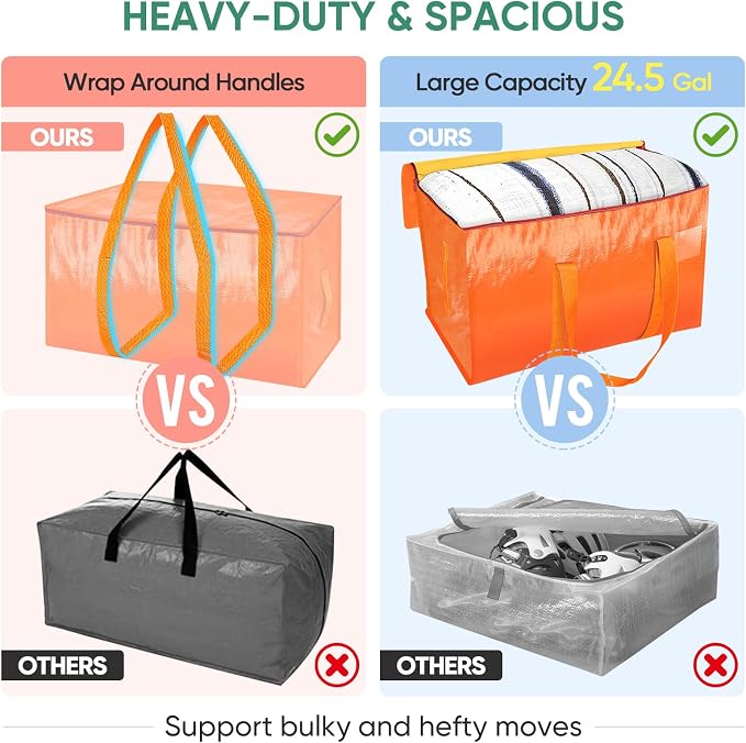 BALEINE 8-Pack Oversized Moving Bags with Reinforced Handles, Heavy-Duty Storage Tote for Clothes, Moving Supplies (Orange, 8-Pack) - Image 4