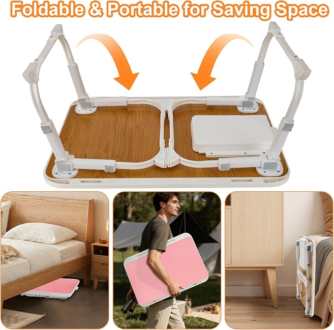 Laptop Desk for Bed, Adjustable Height Laptop Bed Table, Foldable Lap Desk with USB Charge Port, Desktop Card Slot, Side Drawer, Book Shelf, Portable Lap Tray for Eating Reading Working Sofa & Floor - Image 7