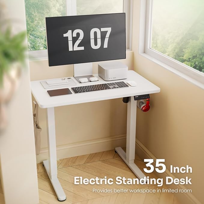 Monomi 35"x20" Small Electric Standing Desk,Whole Piece Desktop,White | Height Adjustable Desk with Memory Controller and wheels, Sit Stand Computer Workstation for Home Office,Space Saving - Image 3