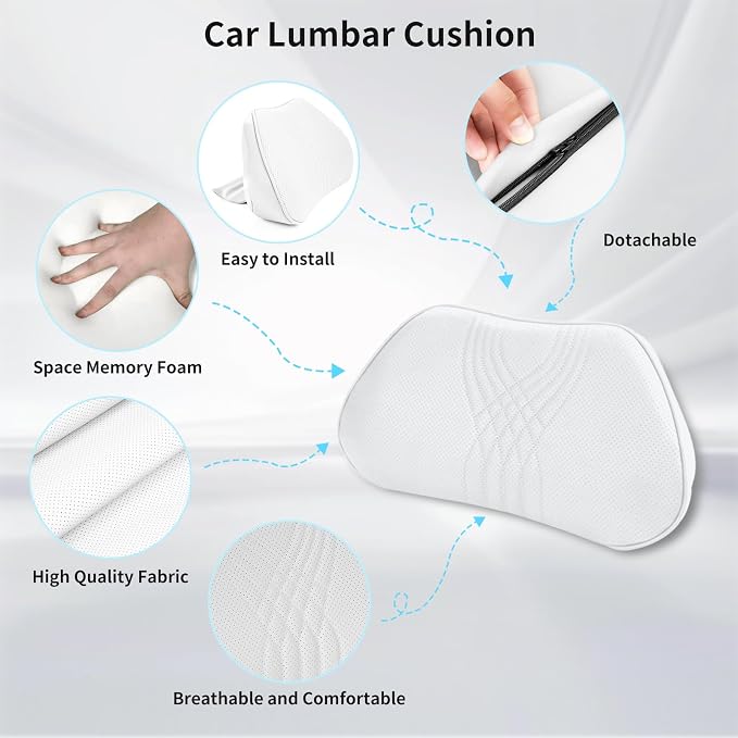 Lumbar Support Pillow for Car Seat, Office Chair, White, 1PC | Leather Lumbar Pillow Memory Foam Lower Back Cushion for Back Pain Relief Improve Posture, Ergonomic Back Rest Gaming Chair - Image 2