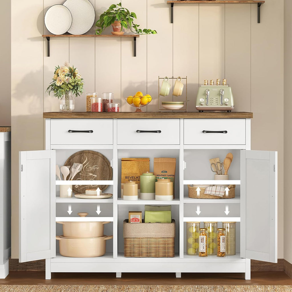 Storage Cabinet, Coffee Bar Cabinet with 3 Drawers, 2 Adjustable Shelves & 2 Doors, Buffet Cabinet, Kitchen Cabinet for Kitchen, Dining Room, Living Room, White - Image 4