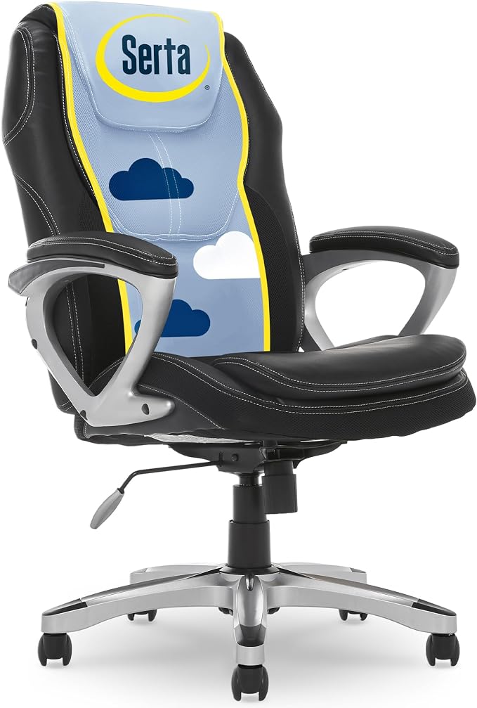Serta Ergonomic Executive Office Chair, Padded Arms Mesh Back Leather Chair | Amplify, Contoured Lumbar Lower Back Support, Back Pain Relief, Adjustable Height & Tilt, Work From Home Desk Chair, Black by Serta