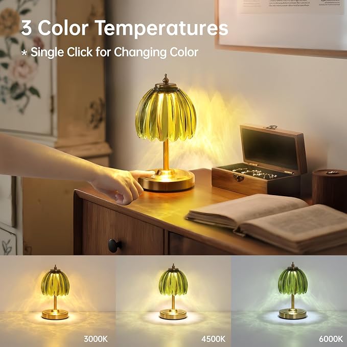 Shenmoyl Tulip Small Table Lamp, 5200mAh Cordless Touch Control Mini Table Lamp with 3 Color Temps & Stepless Dimming, Perfect for Small Spaces Like Dressers, Bedsides, Bookshelves (Green Tulip) - Image 4