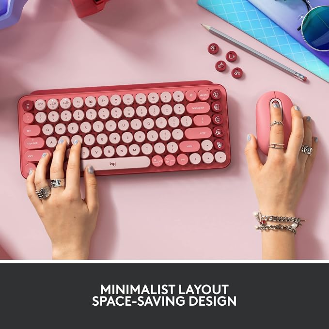 Logitech POP Keys + POP Mouse - Wireless Keyboard and Bluetooth Mouse Combo with Typewriter-Style Mechanical Keys, Emoji Features, Cute Compact Design - Heartbreaker Rose - Image 6