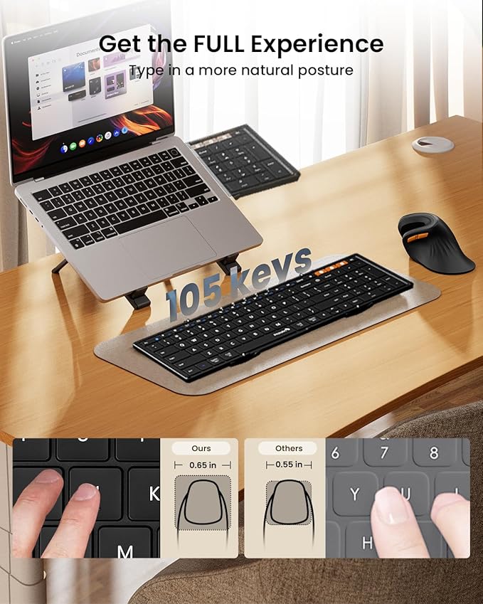 ProtoArc XK01 Full-Size Foldable Bluetooth Keyboard for Travel, Black | 105 keys, number pad, 0.65in keycaps, 3-device Bluetooth 5.1 switching, USB-C charging, for laptop tablet phone - Image 3