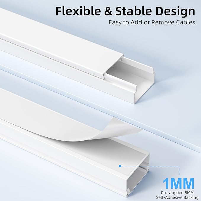 Delamu Cord Hider for Wall Mounted TV, 57in Paintable Cable Cover System, Self-Adhesive Cable Management Raceway Kit Hides 2-3 Wires, Baseboard Wire Hider Easy Installation, W 0.95 H 0.55in, White - Image 3
