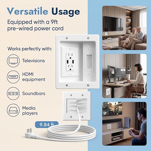 in-Wall Cable Management Kit, Recessed TV Outlet Box with Dual AC + 2 USB Ports, 9ft Power Cord, Wall Cable Hider Pass Through, TV Cord Concealer for Wall Mounted TV, Home Theater - Image 2