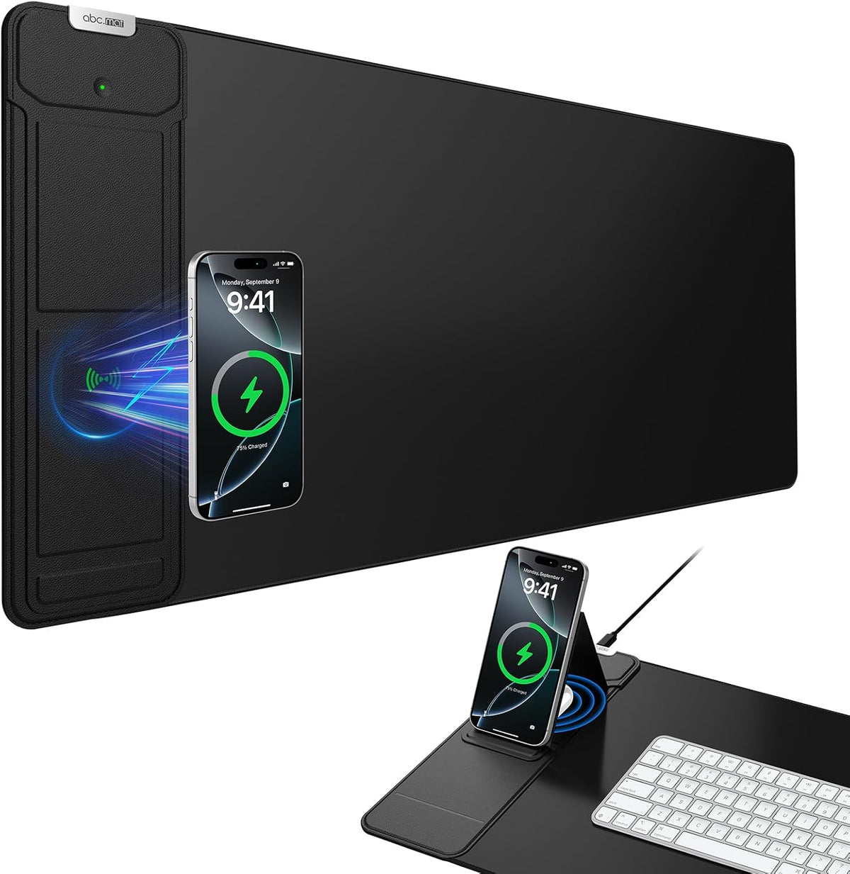 Mouse Pad with Wireless Charging & Foldable Phone Holder, 27.5"x11.8" Black by abc.mat