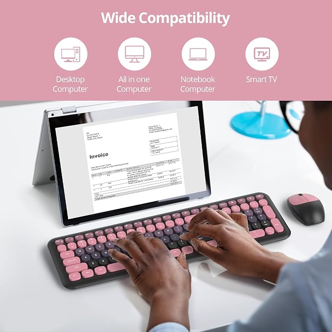 Surmen Black Pink Keyboard and Mouse Wireless Quiet, Full-Size Girly Slient Keyboard Retro Typewriter Low-Noise 2.4GHz for Computer, Desktop, Laptop (110-Heimei Pink) - Image 5