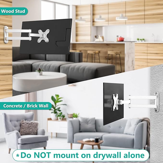 WALI TV Wall Mount Articulating 15 inch Arm, 2 Pack for Monitor TV, White | Fits 13-32" Monitor, VESA 75/100, Holds 33 lbs, Tilt/Swivel/Rotate for Optimal Viewing, Eases Neck Pain at Work, 1330LM-2W - Image 7