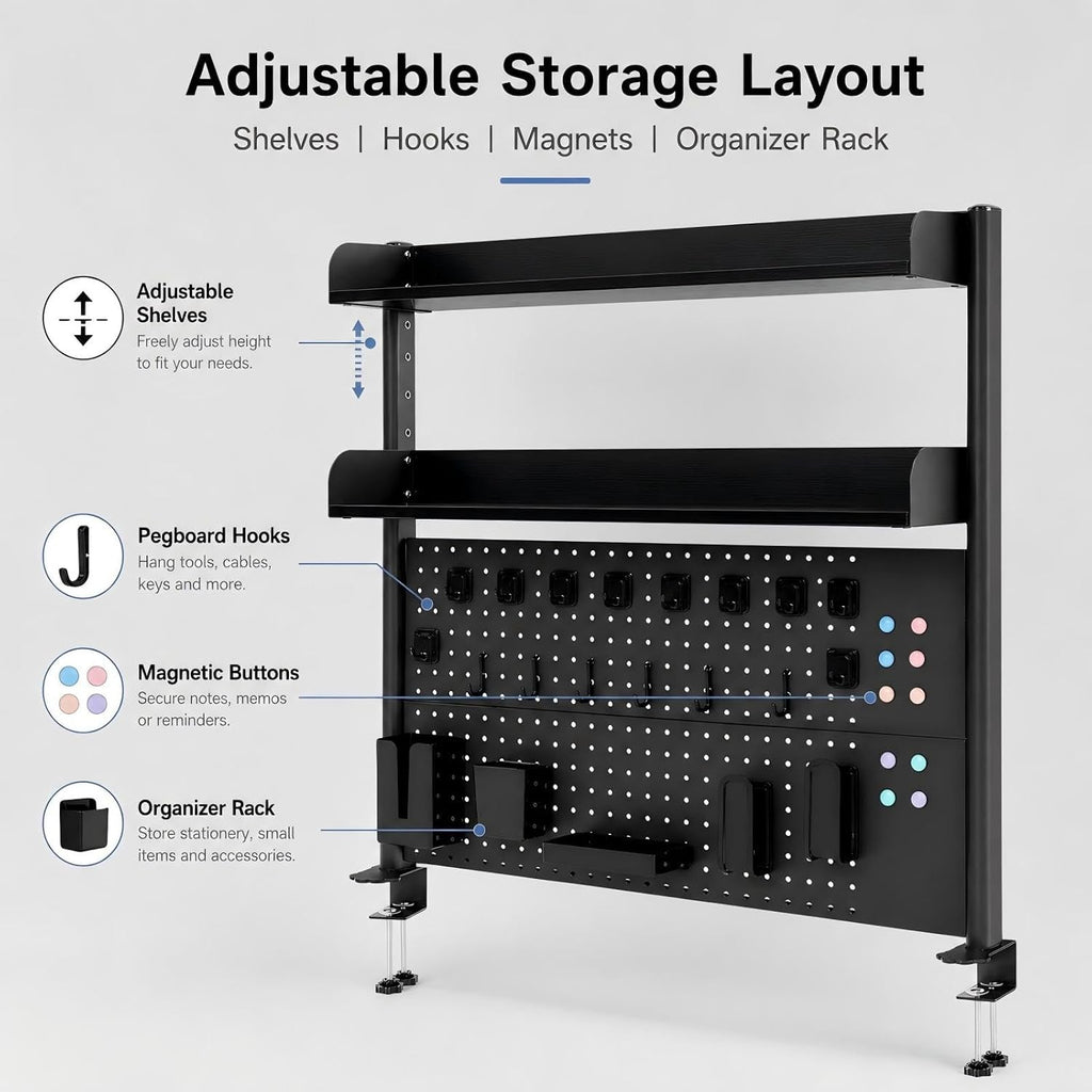 Clamp-On Desk Hutch with Pegboard, 39.5 x37.5in 2-Tier Desktop Organizer Shelf, Carbon Steel Frame with 2 Shelves and Pegboard Storage, for Office, Dorm, Study - Image 5
