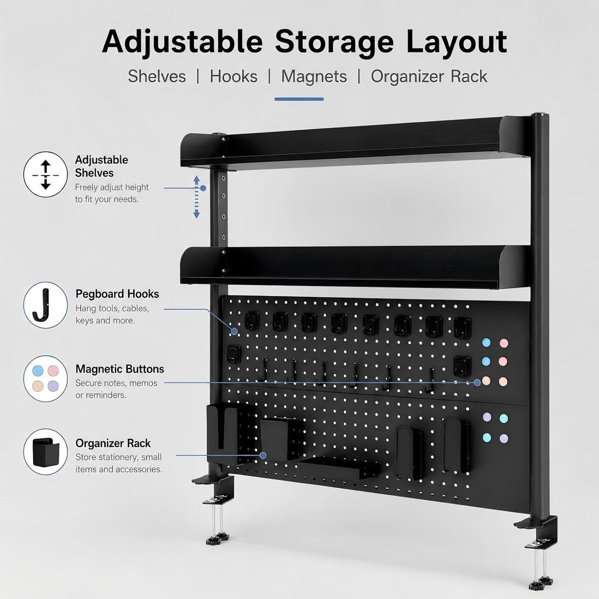 Clamp-On Desk Hutch with Pegboard, 39.5 x37.5in 2-Tier Desktop Organizer Shelf, Carbon Steel Frame with 2 Shelves and Pegboard Storage, for Office, Dorm, Study - Image 5