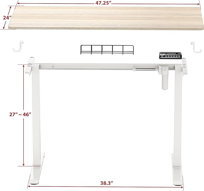 SHW 48-Inch Electric Height Adjustable Sit to Stand Desk, Maple | with Hanging Hooks and Cable Management, White Frame and Maple Top - Image 6