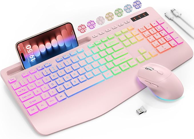 Wireless Keyboard and Mouse Combo, 9 Backlit Effects, RGB, 2.4GHz | Ergonomic Wrist Rest, Phone Holder, Rechargeable, Full Size, KM22 MAX Silent Set for Computer, Laptop, Mac, Windows (Pink) by SABLUTE
