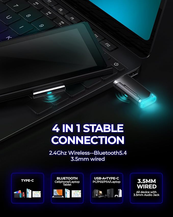 Wireless Gaming Headset, 7.1 Surround Sound, 2.4GHz USB Gaming Headphones with Bluetooth 5.4, 100H Battery, ENC Noise Canceling Mic, RGB Light, Wireless Headset for PC PS5 PS4 Mac Switch (Black-Blue) - Image 8