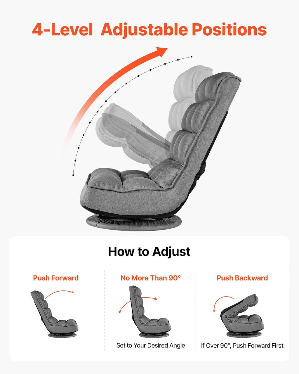 VEVOR Swivel Floor Gaming Chair, 360-Degree Rotating Floor Chair with 4 Adjustable Position Folding Backrest, Metal Frame with Recycled Foam and Linen Fabric, for Watching TV, Reading, Relaxing, Gray - Image 4