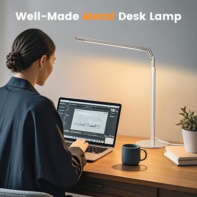 Silver LED Desk Lamp, 16" Dimmable Metal Desk Light with Base, 15W 1200LM, Adapter Included, Color & Brightness Adjustable, Modern Tall Table Lamp for Home Office Reading Study Task Laptop - Image 2