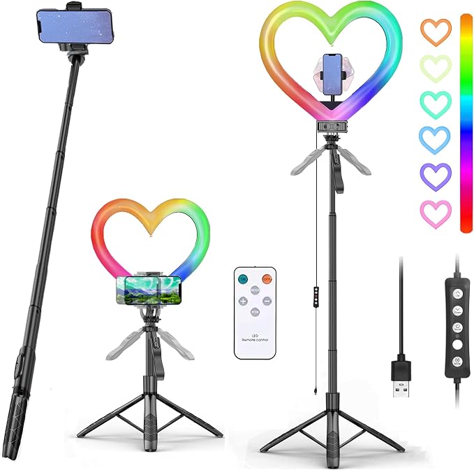 Heart Ring Light, 13" Desk Ring Light with Extendable Selfie Stick Stand for Laptop Video Conference Lighting with Phone Holder Height Adjustable 47 Color Modes for Live Stream/Makeup Compatible by Toliveabetterlife