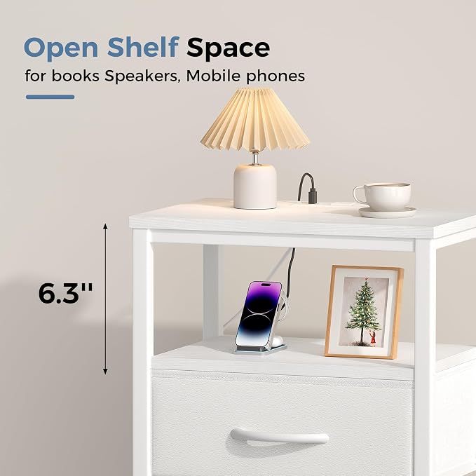 OLIXIS Nightstand with Charging Station, Beside Table with Fabric Drawers | 3-Tier End Table Set of 2 with 2 Storage Shelves,Night Stand with USB Ports and Outlets for Bedroom, White - Image 4